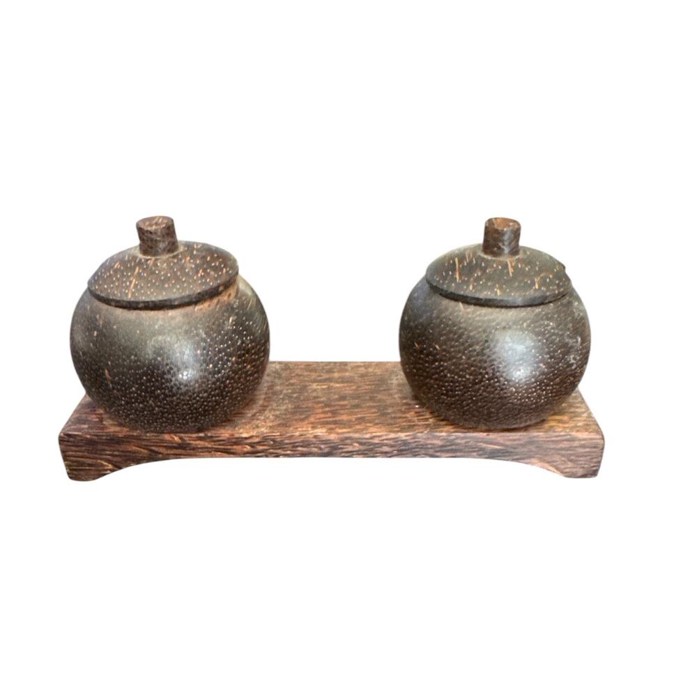Beautiful Hand Carved Coconut Wood Condiment Server Set with Lids
